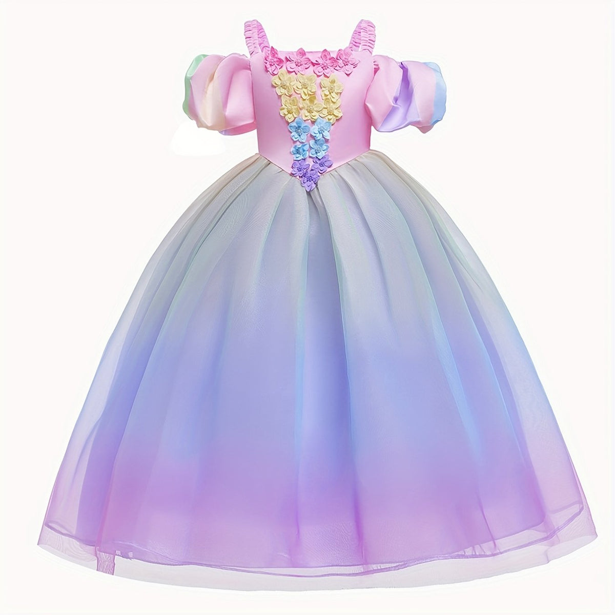 Girls Princess Dress Camisole Puff Sleeve Gradient Tulle Floral Decor