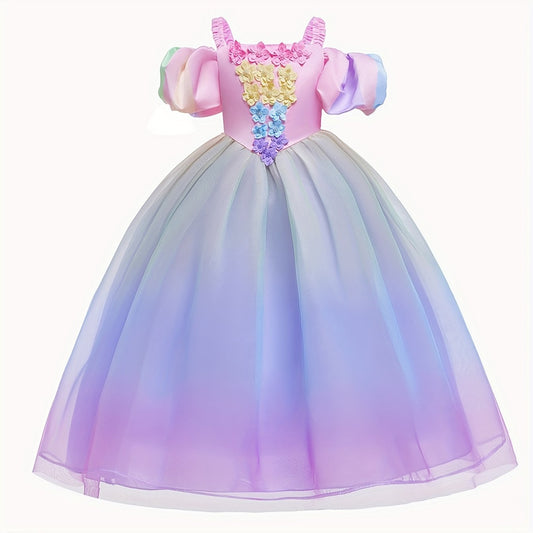 Girls Princess Dress Camisole Puff Sleeve Gradient Tulle Floral Decor