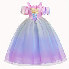 Girls Princess Dress Camisole Puff Sleeve Gradient Tulle Floral Decor