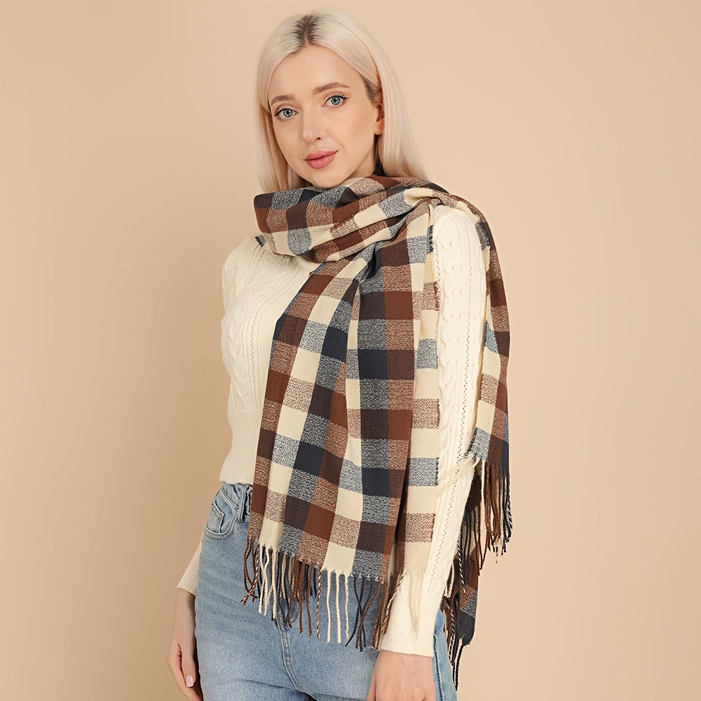 Women's Plaid Scarf Warm Shawl Long Tassel Scarf