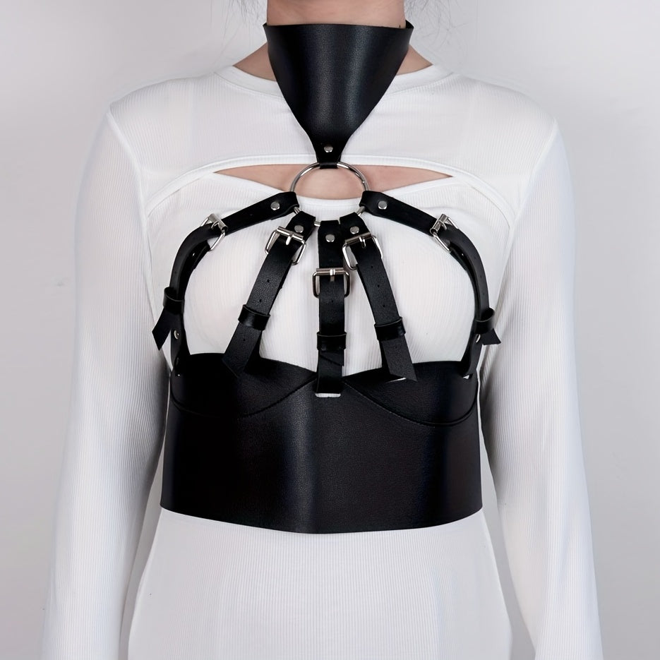 Gothic PU Leather Hollow Rivet Cage Bra Harness Belt Corset Waistband