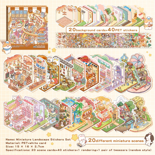 60 DIY House Sticker Set: 40 Scene Stickers & 20 Base Cards - 3D House Scenes