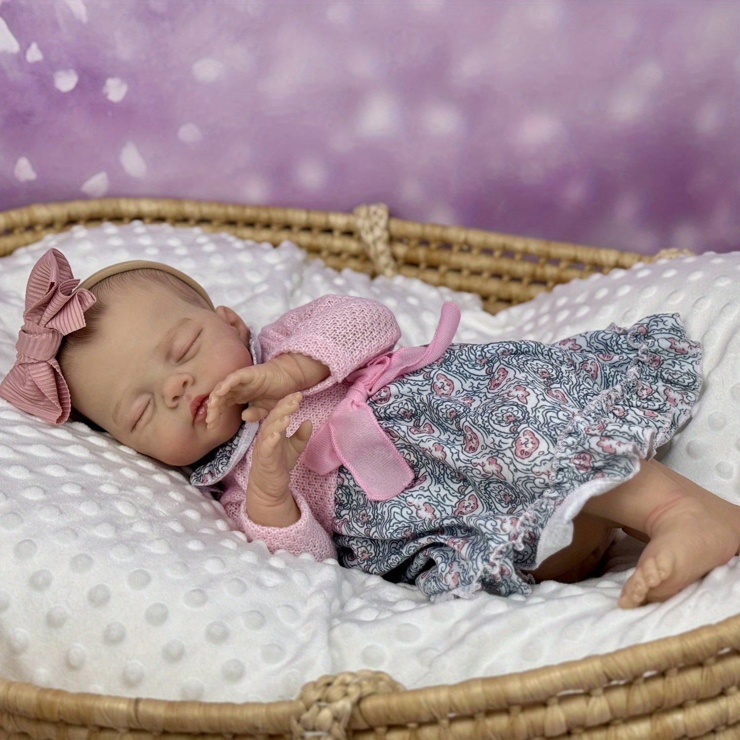 Beige Asleep Reborn Baby Doll, Pink Flower Dress, Headband Set