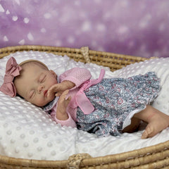 Beige Asleep Reborn Baby Doll, Pink Flower Dress, Headband Set