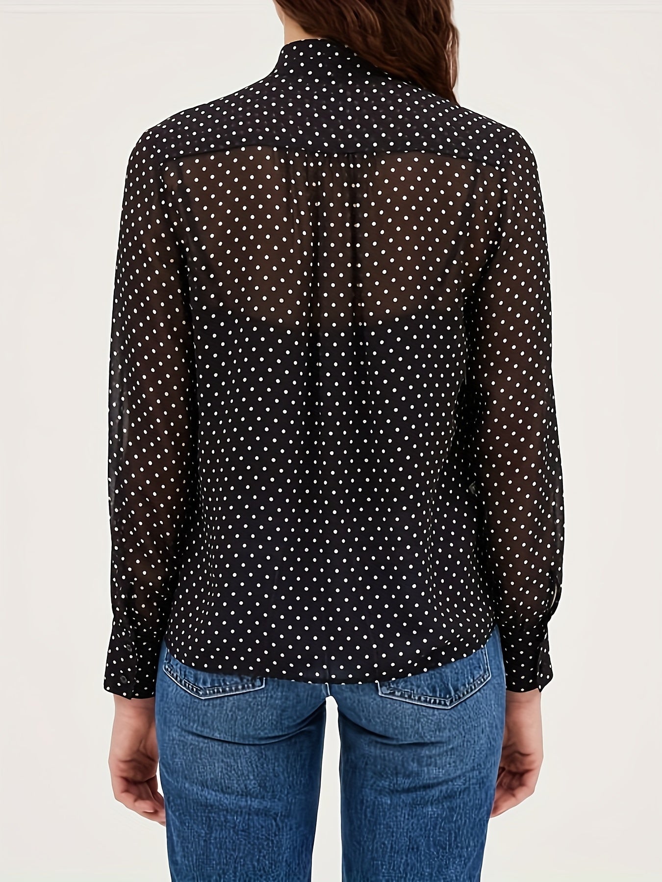  Women's Dot Print Chiffon Long Sleeve Blouse Tie Neck Top