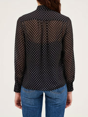  Women's Dot Print Chiffon Long Sleeve Blouse Tie Neck Top