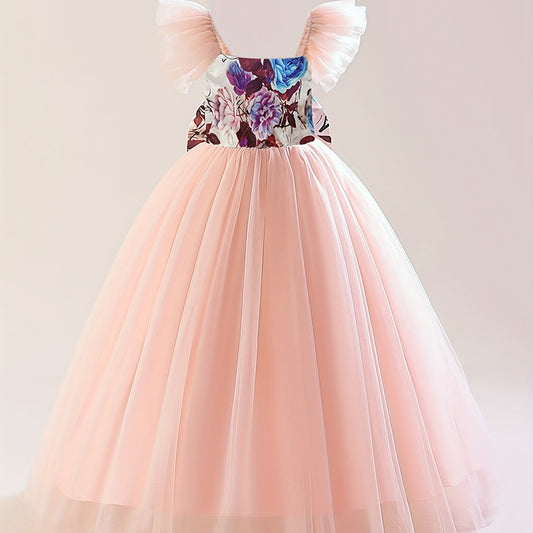 Flower Girl Maxi Wedding Dress with Flowers Graphic Tulle