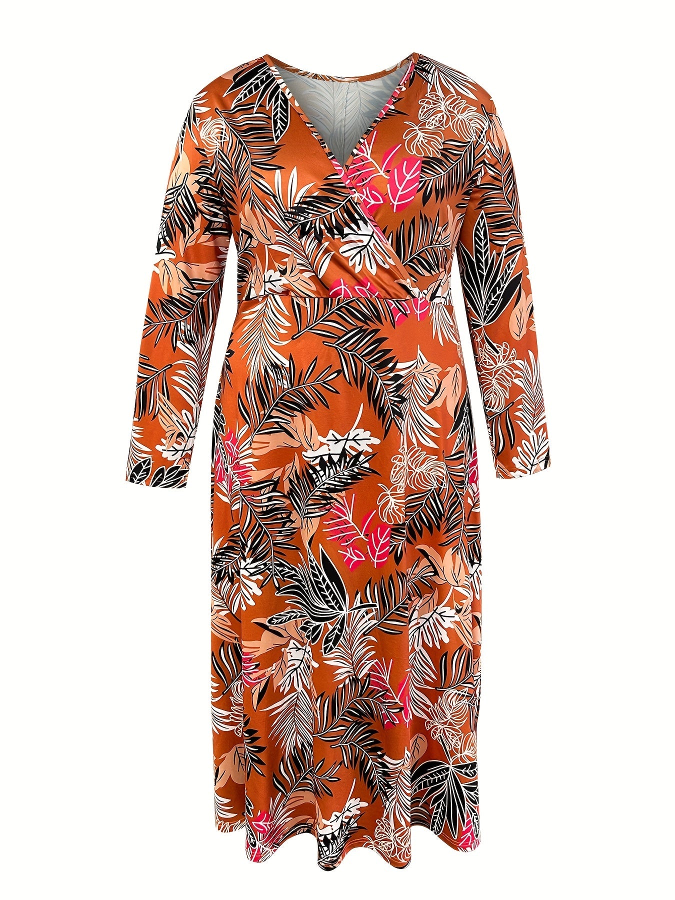Plus Size Leaf Print Long Sleeve Maxi Dress