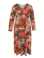 Plus Size Leaf Print Long Sleeve Maxi Dress