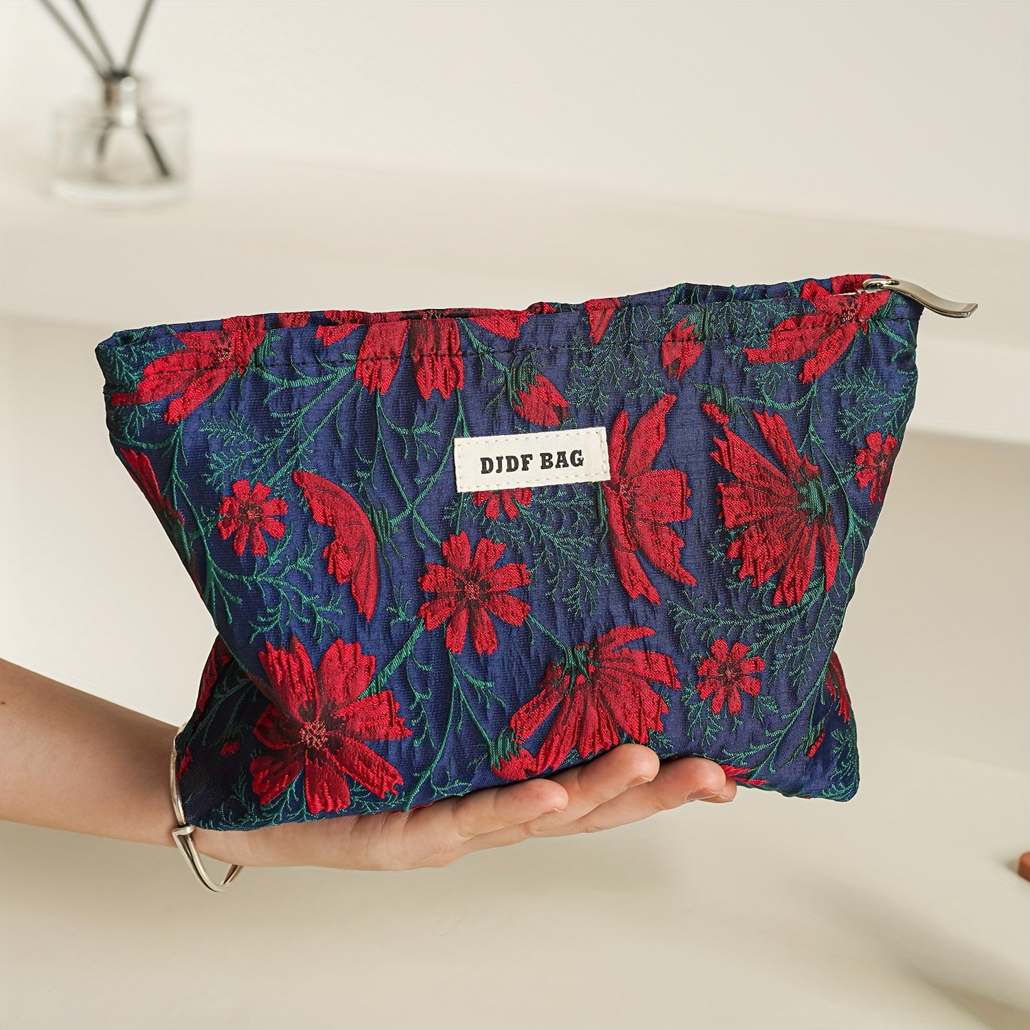 Retro Canvas Toiletry Bags Red Flower Portable Make Up Bags