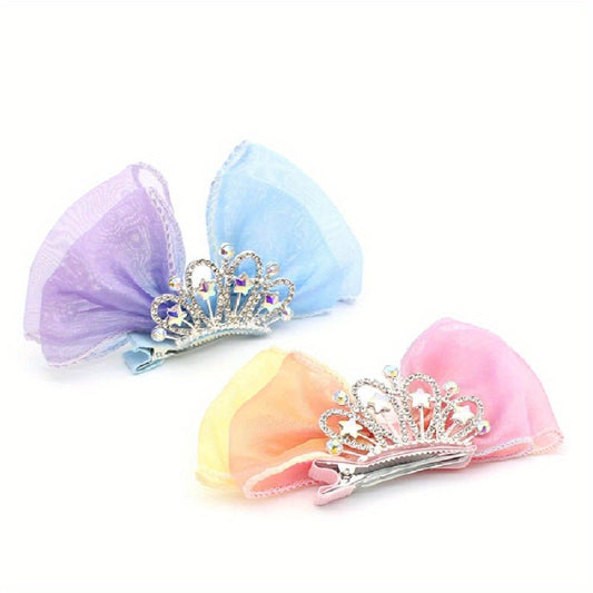 2pcs Girls Mesh Bow Hair Clips Crown Decor Hairpins
