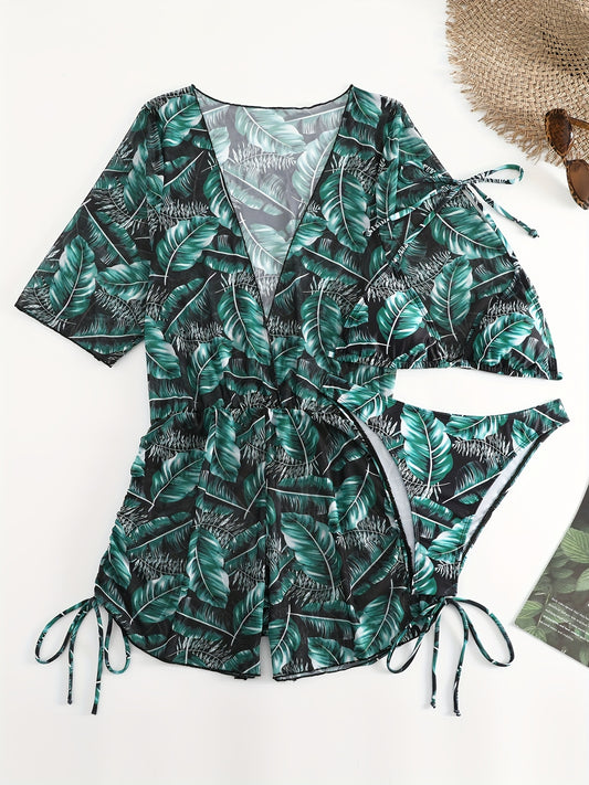 Plant Graphic Bikini Sets Halter V Neck High Cut Swimsuit Women's Swimwear