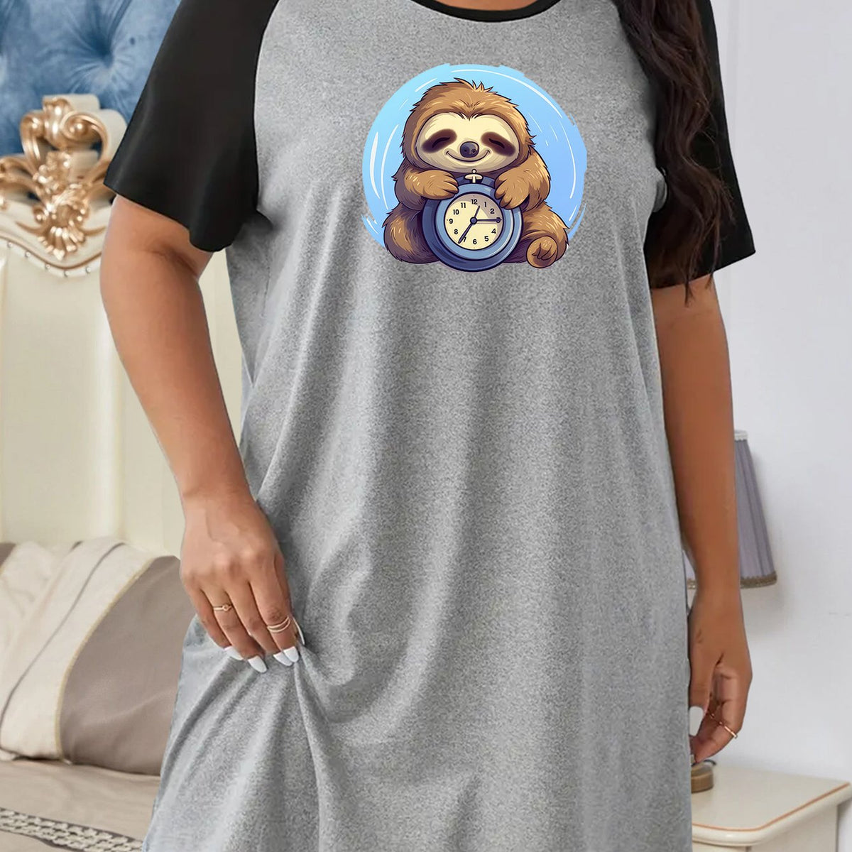  Sloth Print Raglan Sleeve Sleep Dress