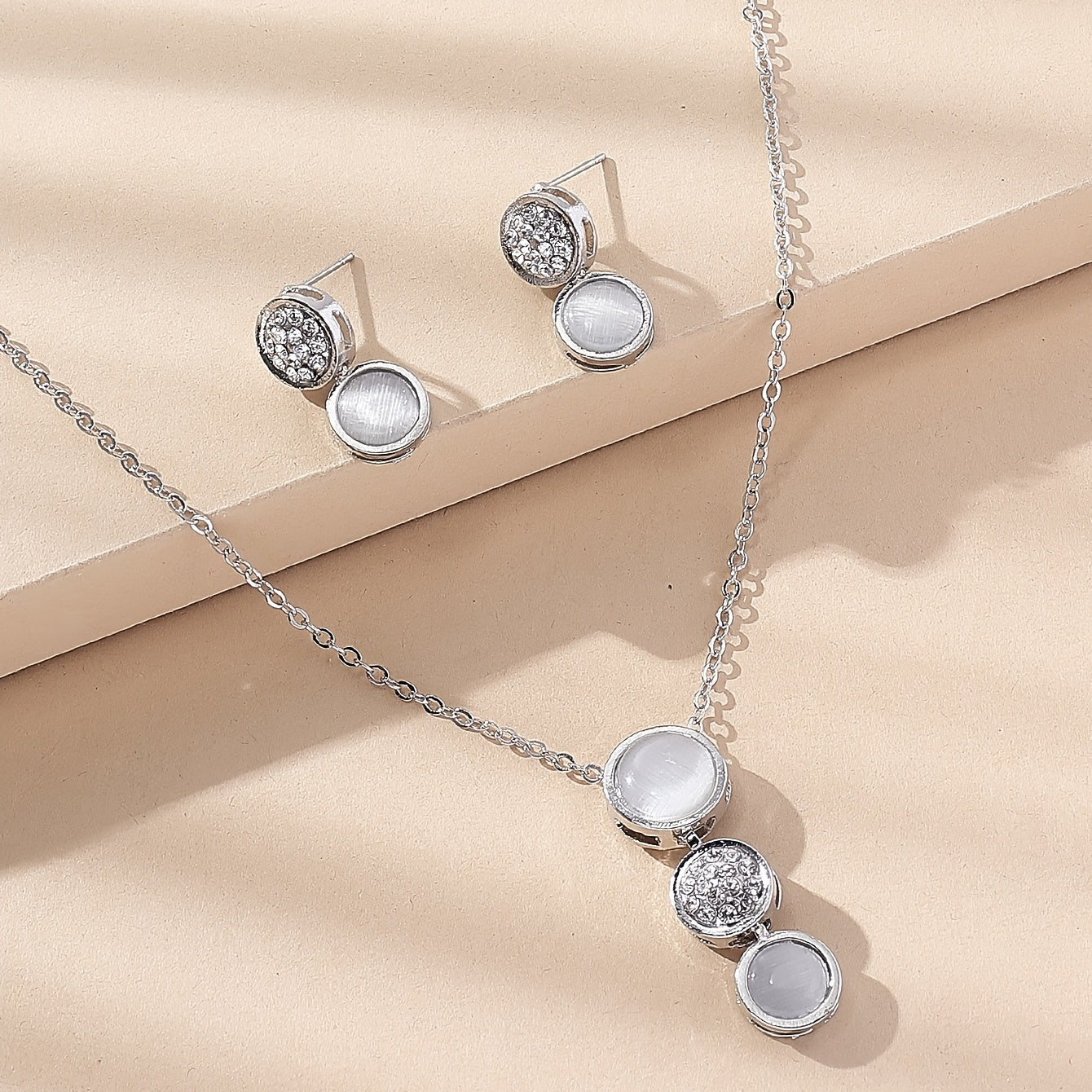 Opal Jewelry Set Pendant Necklace & Earrings Rhinestone Inlaid Sweet Women Gift