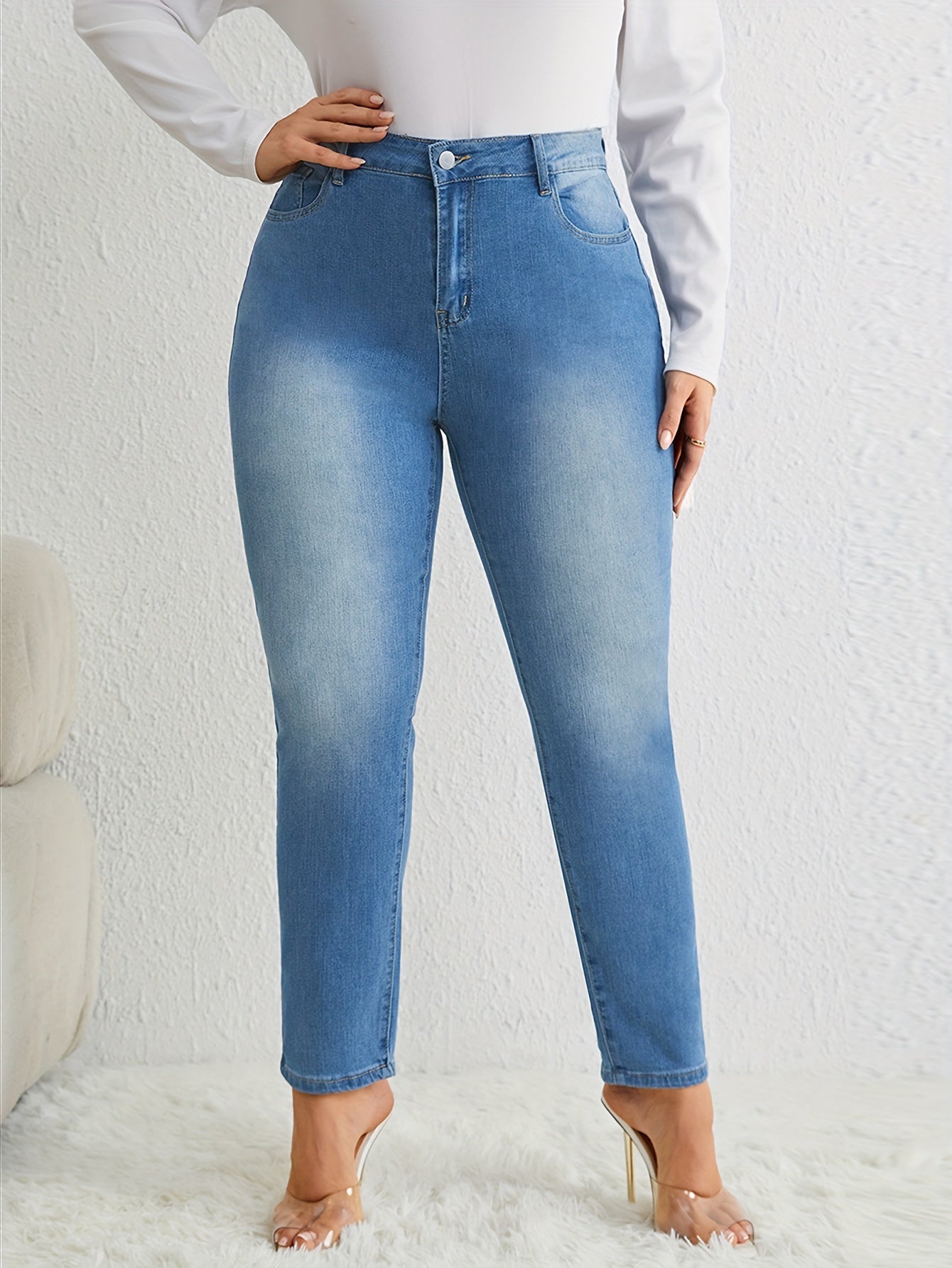  Solid Button Up Slim Fit Elastic Comfort Jeans