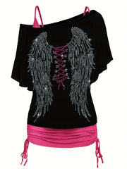 Gothic Bodycon 2pc Set Wings Pattern Slanted Shoulder Tops & Dress