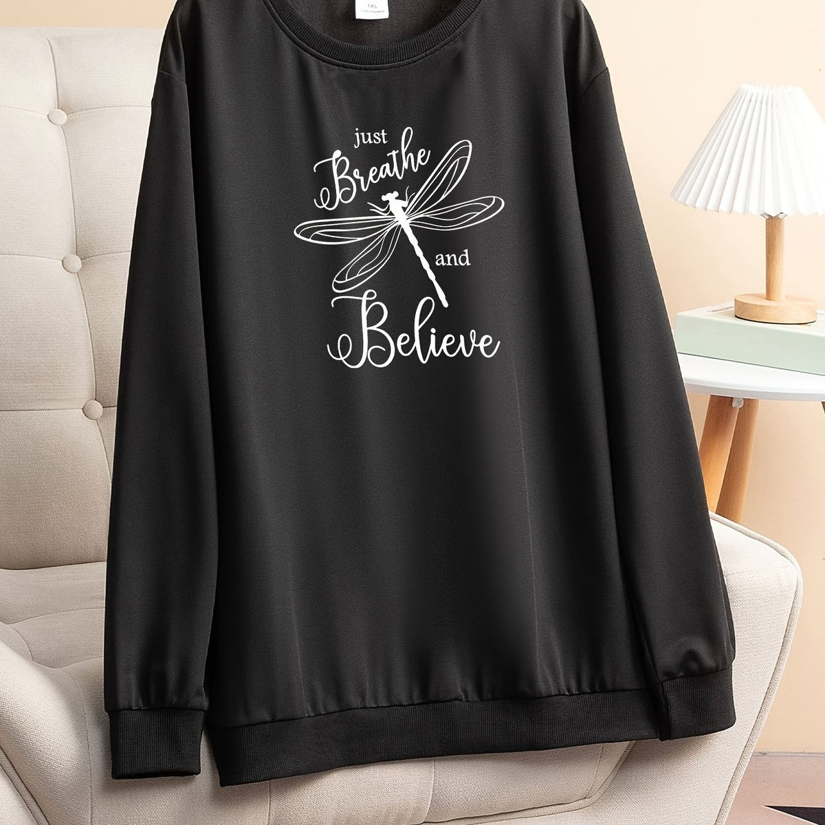 Dragonfly Print Long Sleeve Lounge Top Plus Size Women's Tee