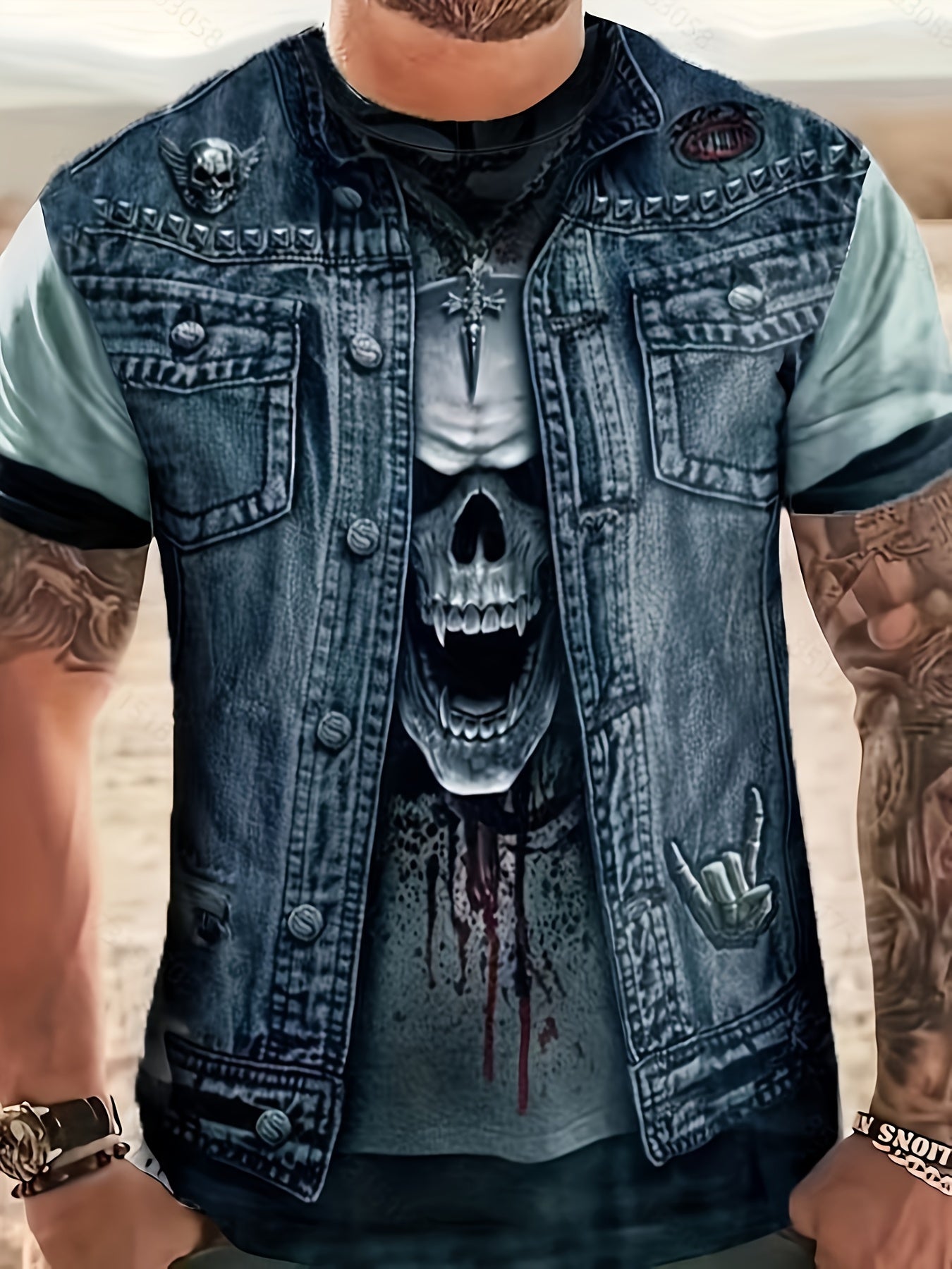 Active Skull Graphic Tee Men's Rock Style T Shirt For Summer