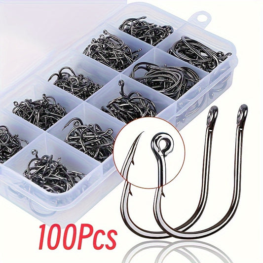 100pcs Stainless Steel Fish Hooks & Storage Box Fishing Accessories