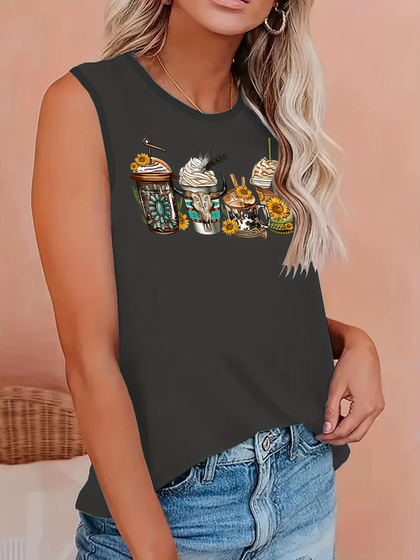 Ombre Graphic Print Round Neck Tank Top
