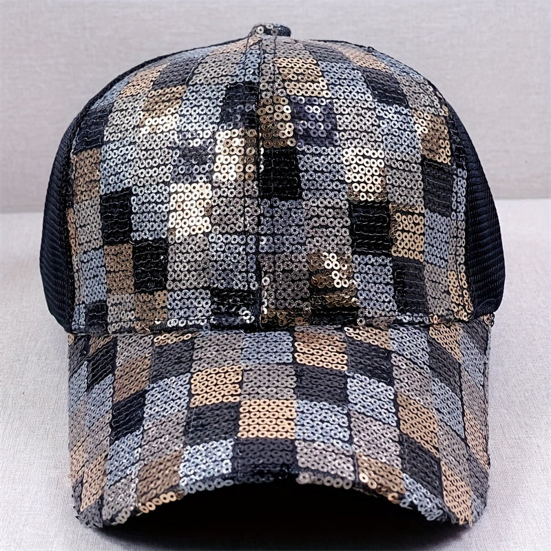Sequin Block Trucker Hat Y2K Mesh Breathable Sunshade Baseball Cap