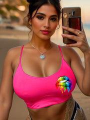 Rainbow Lips Print Cami Sleep Tops Sexy Crew Neck Sleeveless Top