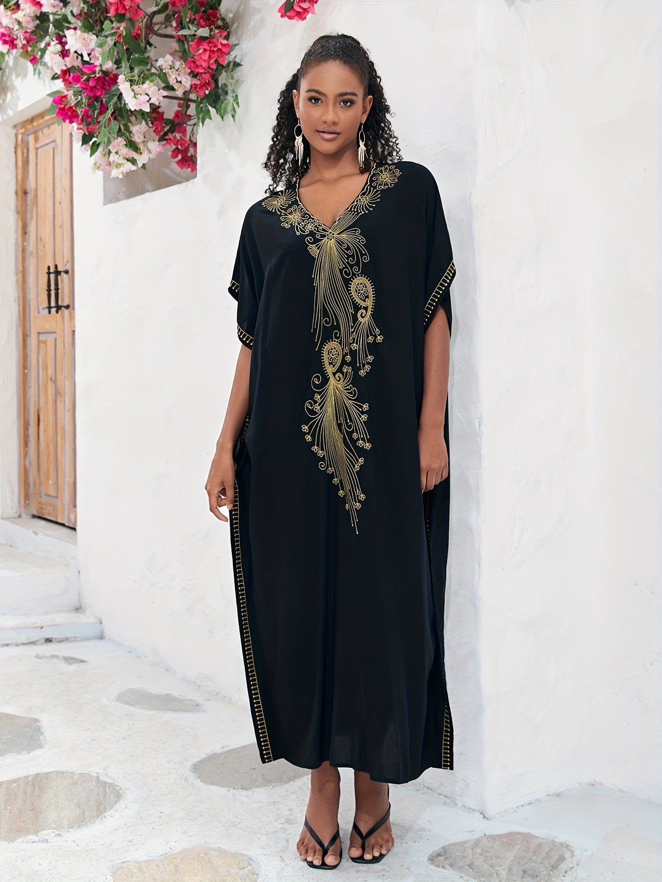  Boho Abaya Dress Women's Plus Golden Embroidered Bat Sleeve V Neck Max