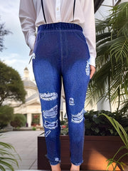  Denim Print Elastic Tapered Leg Trousers
