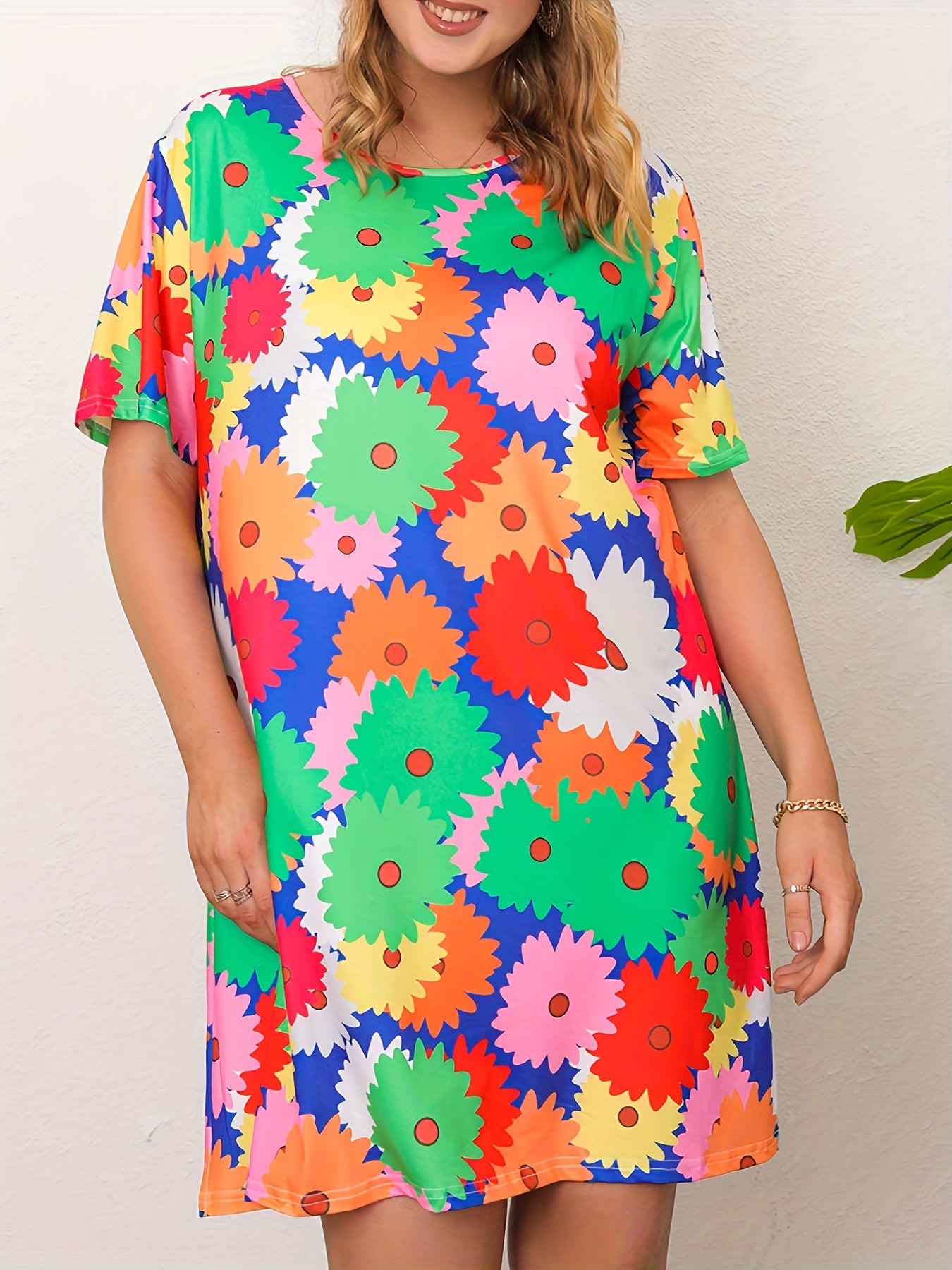 Women's Plus Floral Print Short Sleeve Stretch Dress