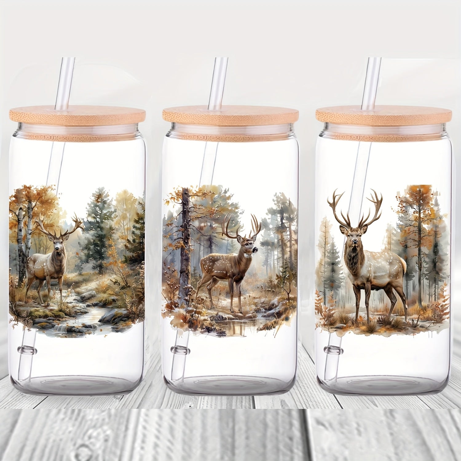 5pcs Forest Deer 16oz Glass Jar Decorative Stickers UV DTF High Adhesive