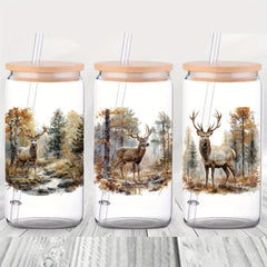 5pcs Forest Deer 16oz Glass Jar Decorative Stickers UV DTF High Adhesive
