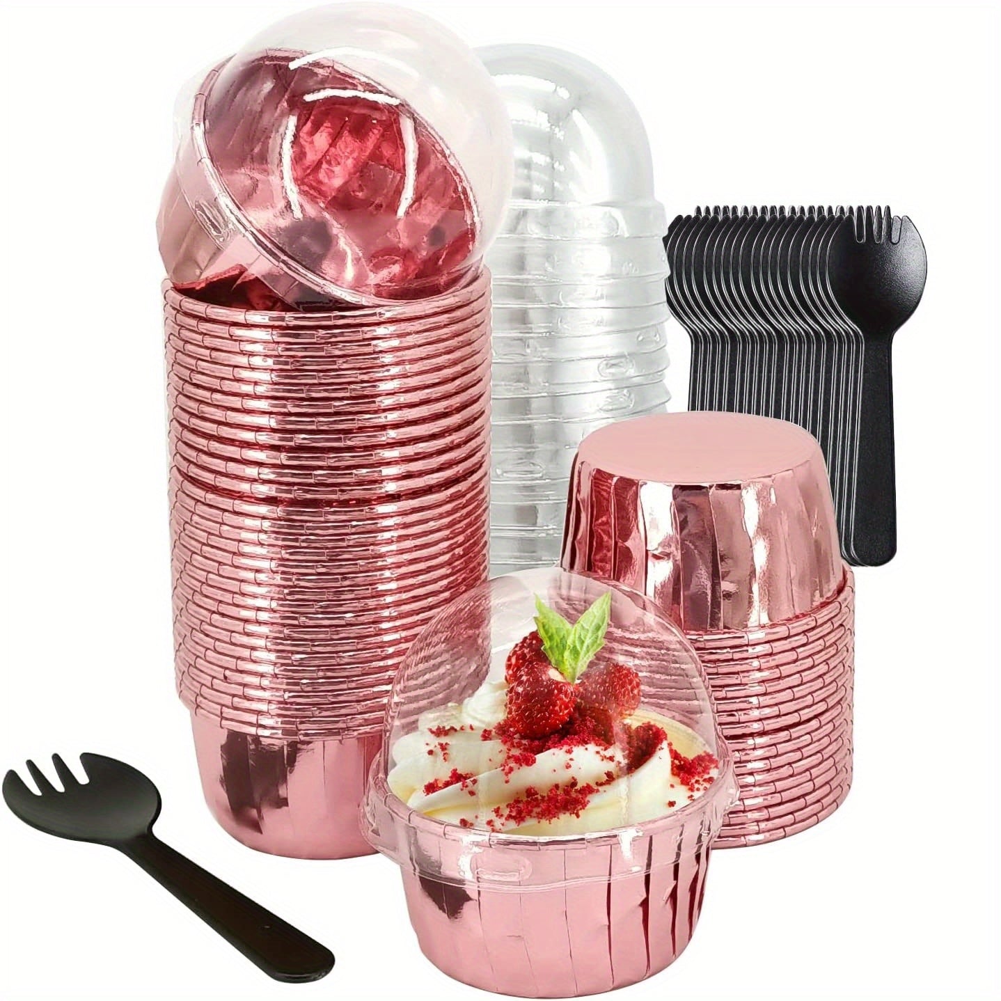 50pcs Disposable Muffin Cups With Lids, Spoons and Glossy Cupcake Liners