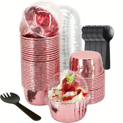 50pcs Disposable Muffin Cups With Lids, Spoons and Glossy Cupcake Liners