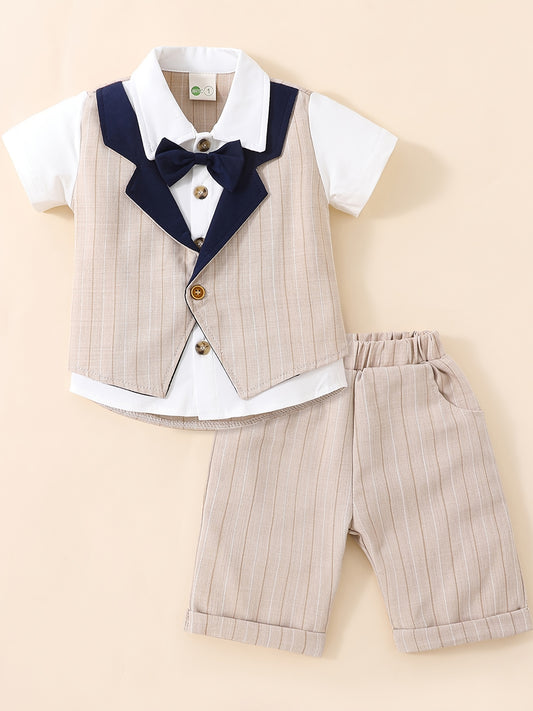 2pcs Baby Boys Striped Short Sleeve Bowtie Shirt & Shorts Gentleman Outfit