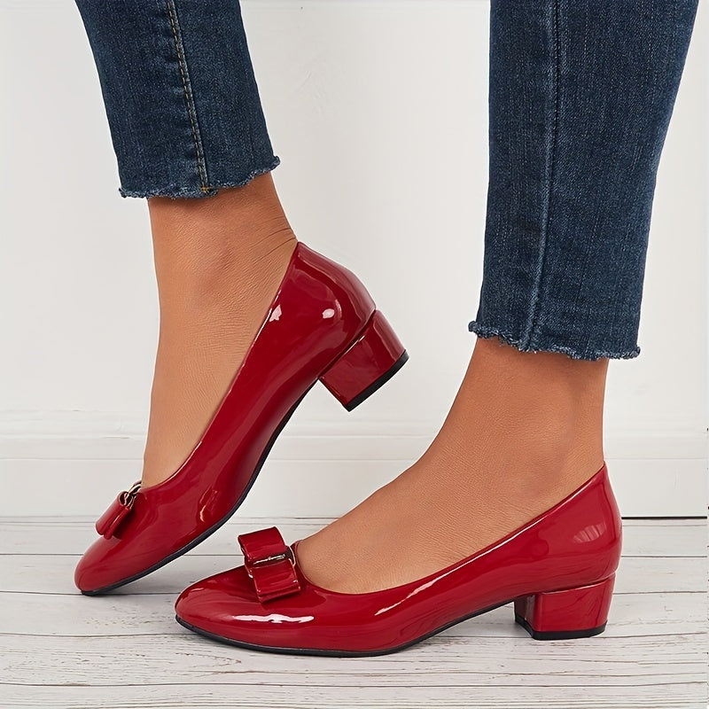Women's Bowknot Low Heels Chunky Dress Pumps