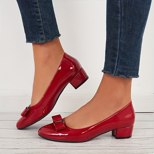 Women's Bowknot Low Heels Chunky Dress Pumps