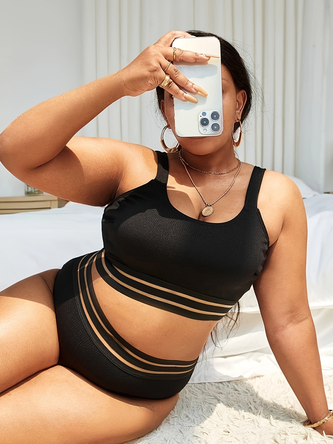  Striped Bikini Set Round Neck Swimsuit 2 Piece