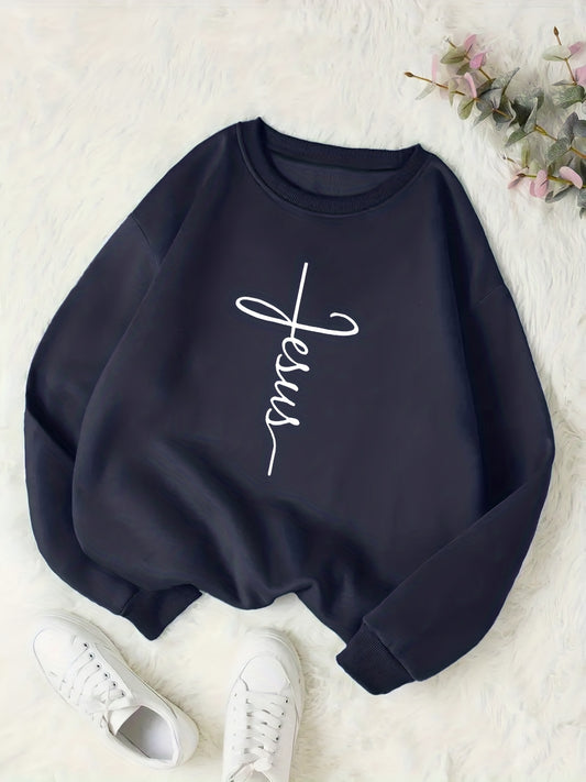 Jesus Print Crew Neck Sweatshirt Women's Clothing