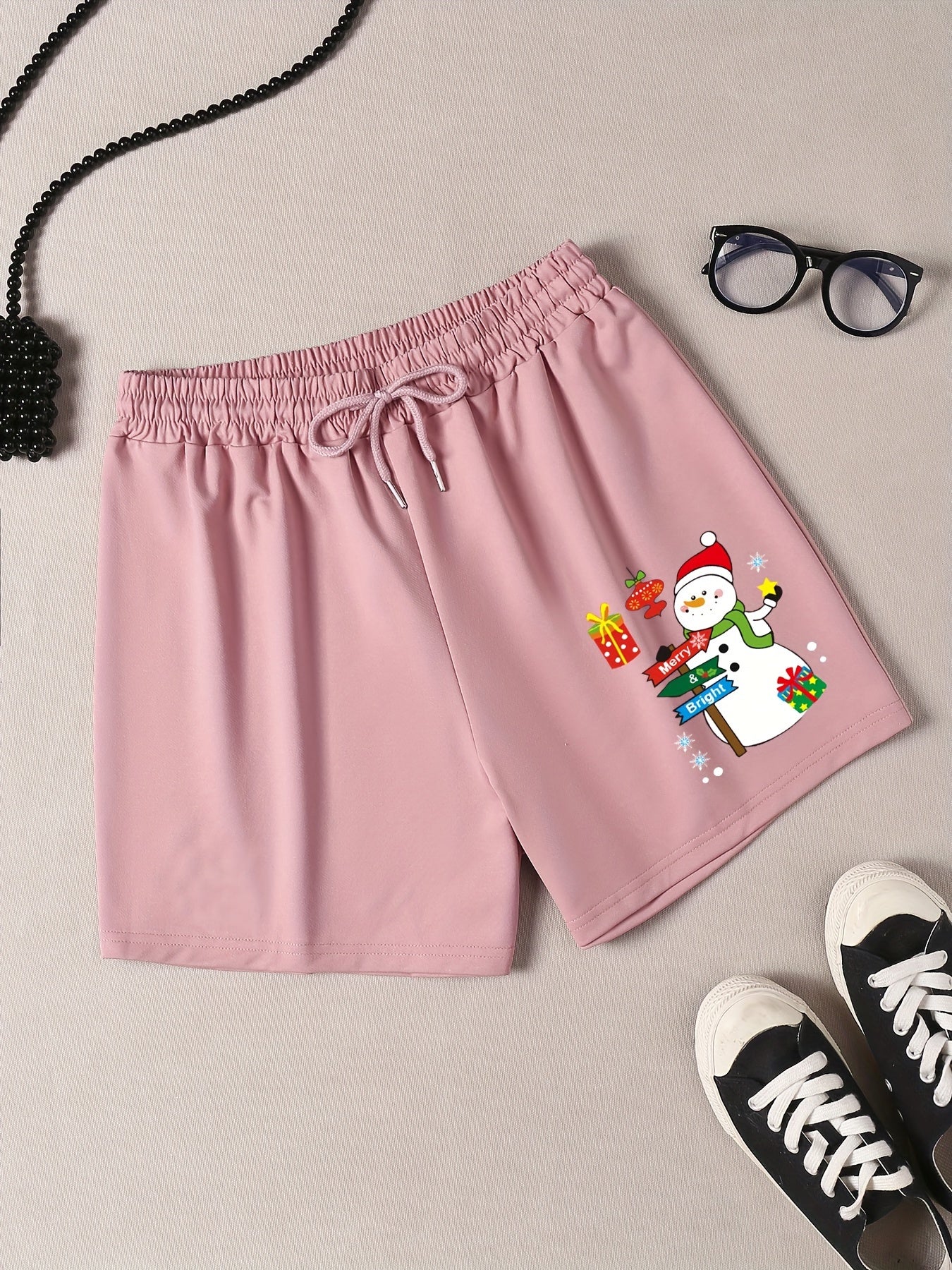 Women's Plus Snowman Print Drawstring Elastic Waist Shorts