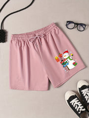 Women's Plus Snowman Print Drawstring Elastic Waist Shorts