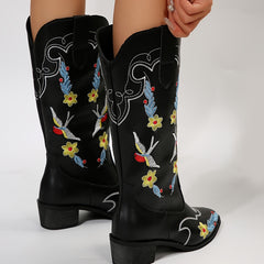 Women's Embroidered Western Boots Slip On Chunky Heel Cowboy Mid Calf Shoes