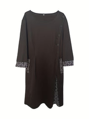  Geometric Print Colorblock Round Neck Dress