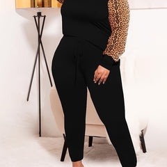 Leopard Print Pullover & Drawstring Pants Set Plus Size Long Sleeve Outfits