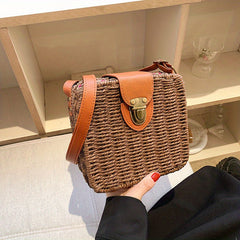 Rattan Woven Crossbody Bag Straw Beach Bag Square Purse