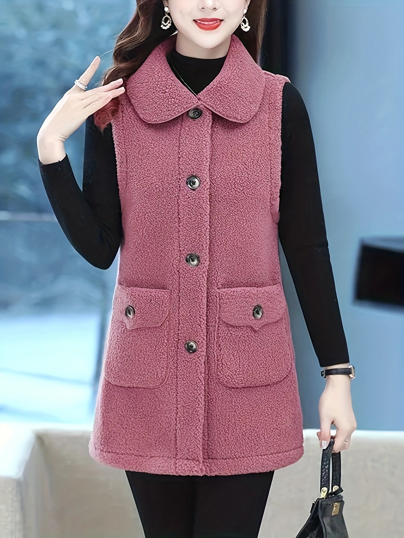 Solid Button Vest Warm Lapel Pocket for Women