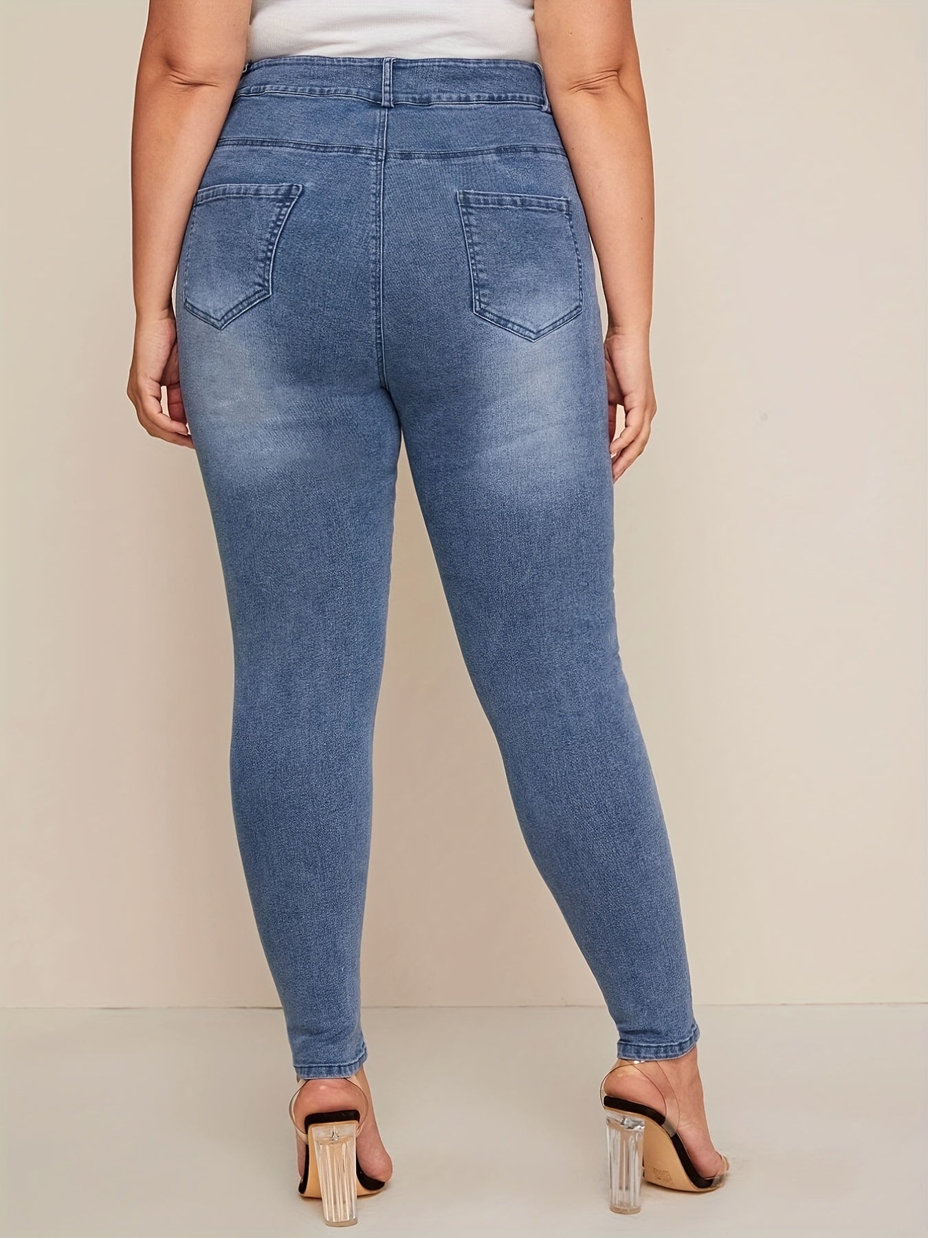  Washed Ripped Button Fly Skinny Denim Trousers