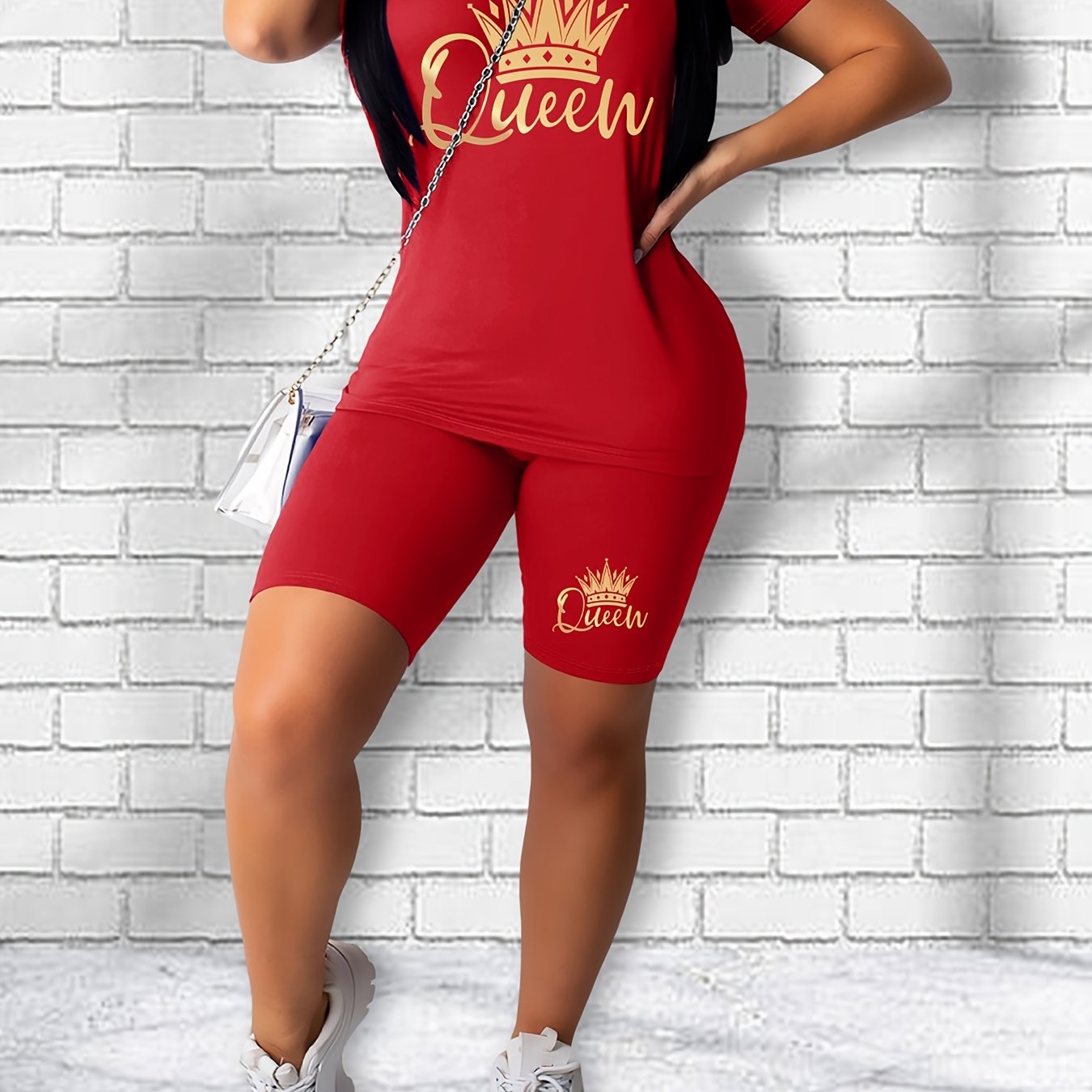 Letter Print Matching Set Short Sleeve T shirt & Biker Shorts