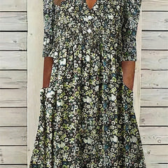 Floral Print Dress w/ Pockets Short Sleeve