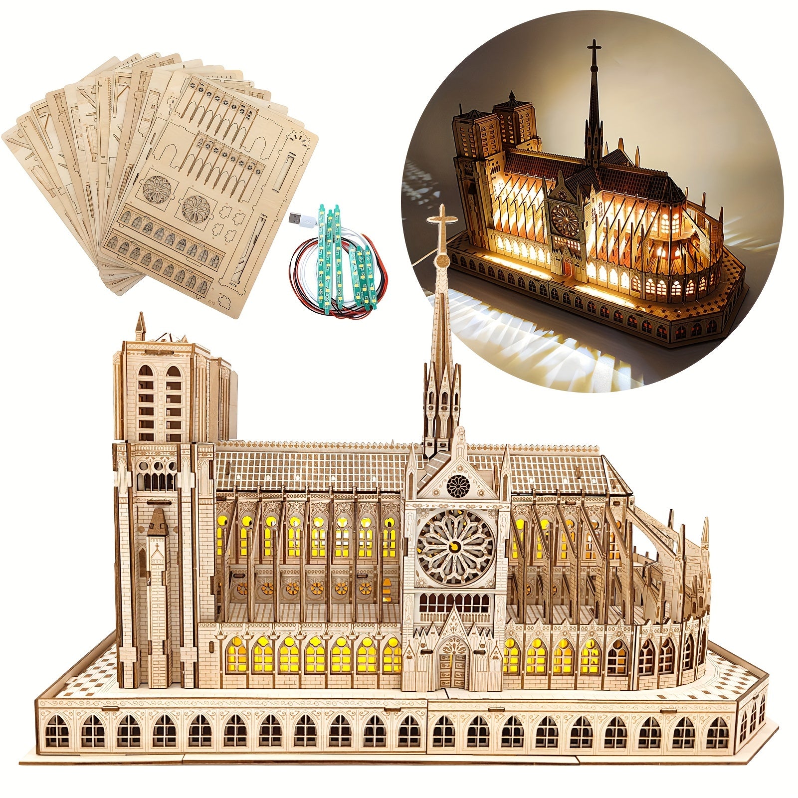 3D Wooden Puzzle Notre Dame Cathedral Model Kit with LED - DIY Brain Teaser Game