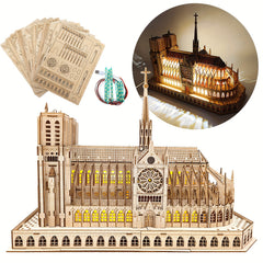 3D Wooden Puzzle Notre Dame Cathedral Model Kit with LED - DIY Brain Teaser Game